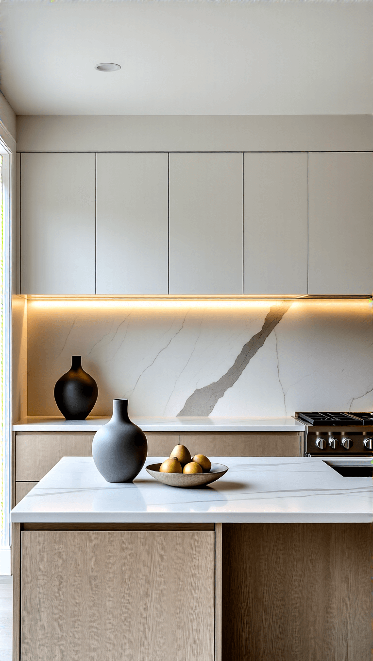 Sophisticated kitchen with waterfall quartzite countertops, white oak cabinetry, dimmable LED lighting, minimal decor of a vase and fruit bowl, in a color palette of cool whites, soft grays, and golden oak.
