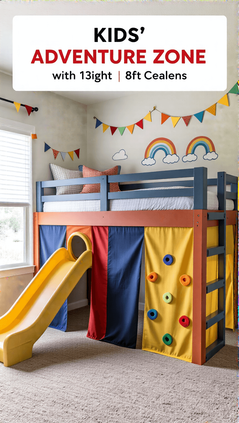 Bright and cheerful children's adventure zone featuring 11x13ft room with an engaging low-height twin loft bed in primary colors with a fort created with fabric panels underneath, an integrated slide, climbing wall, educational wall decals, rainbow bunting, and safety rails in matching colors, all under even, bright lighting.