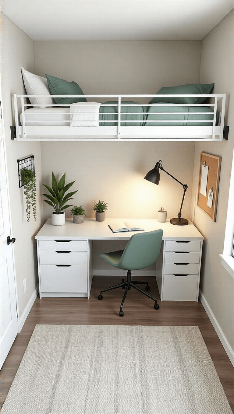 Modern minimalist 8x10ft student dormitory with a loft bed, under-bed study area, built-in desk, pin board, and task lighting, decorated in monochromatic colors with pops of sage green.