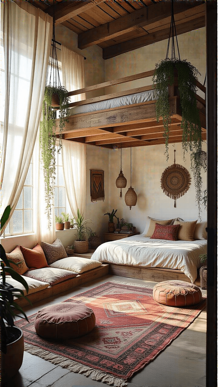 Bohemian styled studio sanctuary featuring a custom-built queen loft bed, meditation space with floor cushions and Moroccan poufs, hanging plants, and metallic accents in soft golden hour lighting.
