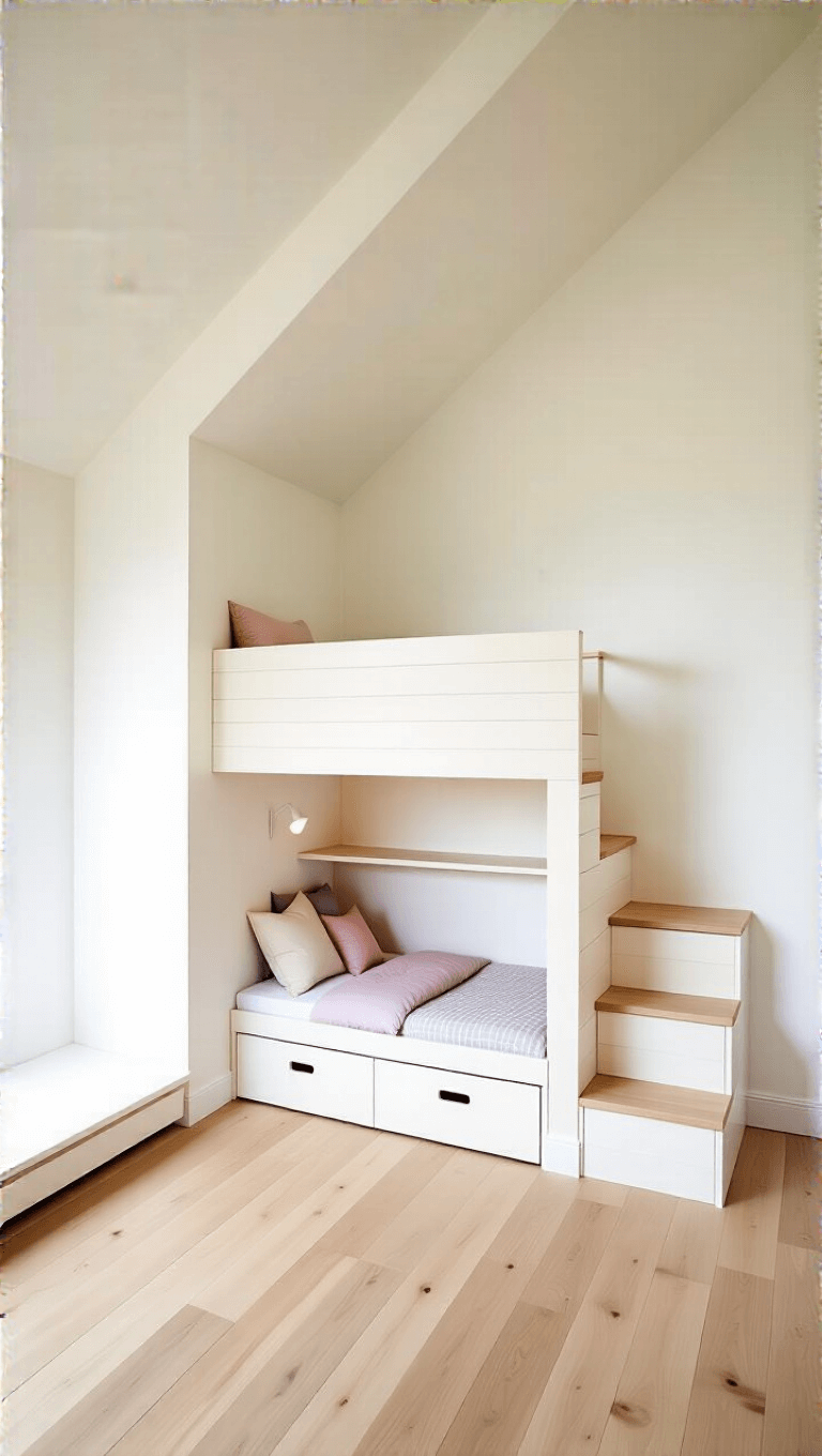 Scandinavian style children's room featuring a white pine twin loft bed with a desk and storage stairs, with minimal decoration and a pastel-colored bedding set in a bright, organized setting.