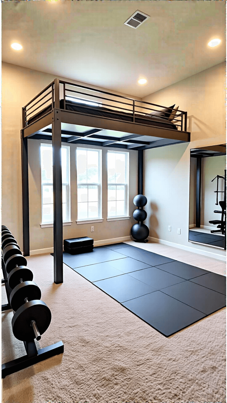 Modern family flex space featuring a 13x16ft room with a full-size loft bed in graphite metal finish, a compactly organized home gym with weight rack and yoga space underneath, rubber flooring with moisture-wicking fabrics in workout zone, and a mirror wall for enhanced spaciousness, illuminated by bright, evenly-distributable lighting.