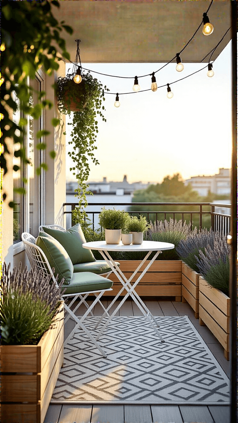 Scandinavian-inspired urban balcony at golden hour with bistro set, wood planters filled with ivy and lavender, overhead string lights, and outdoor rug, decorated in neutral shades of white, sage, and wood tones.