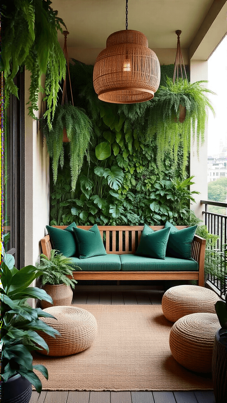 Balcony transformed into tropical paradise with layered greenery, bamboo, ferns, climbing vines, a weathered teak bench with emerald cushions, natural fiber poufs and a handwoven pendant shade in a setting of rich greens, wood tones, and brass touches on a morning light.