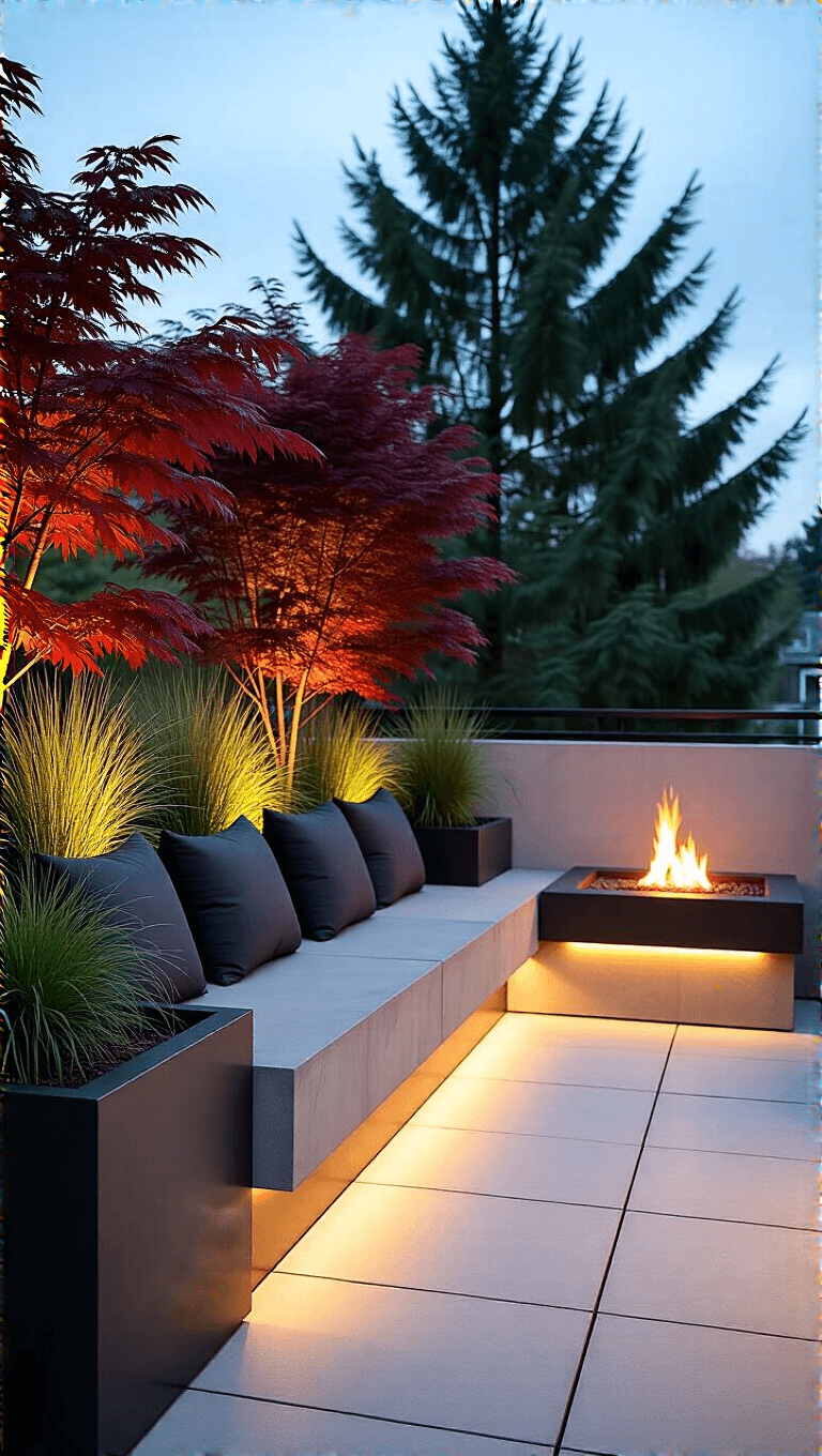 Dusk view of a minimalist 5x8ft contemporary zen balcony with low-profile concrete bench, black planters with Japanese maples, ornamental grasses, and a modern fire bowl lit by integrated LED lighting, shot from a corner angle.