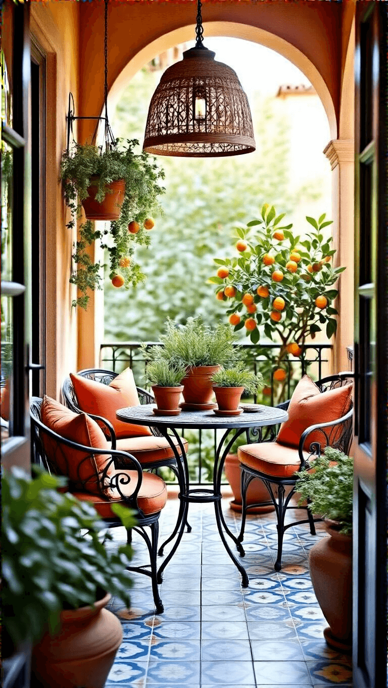 Mediterranean retreat on a small balcony featuring a wrought iron bistro set with terra cotta cushions, aged pots with citrus trees and herbs, painted tile floor, a woven pendant shade providing soft light, in warm earth tones contrasted by citrus and azure blue accents.
