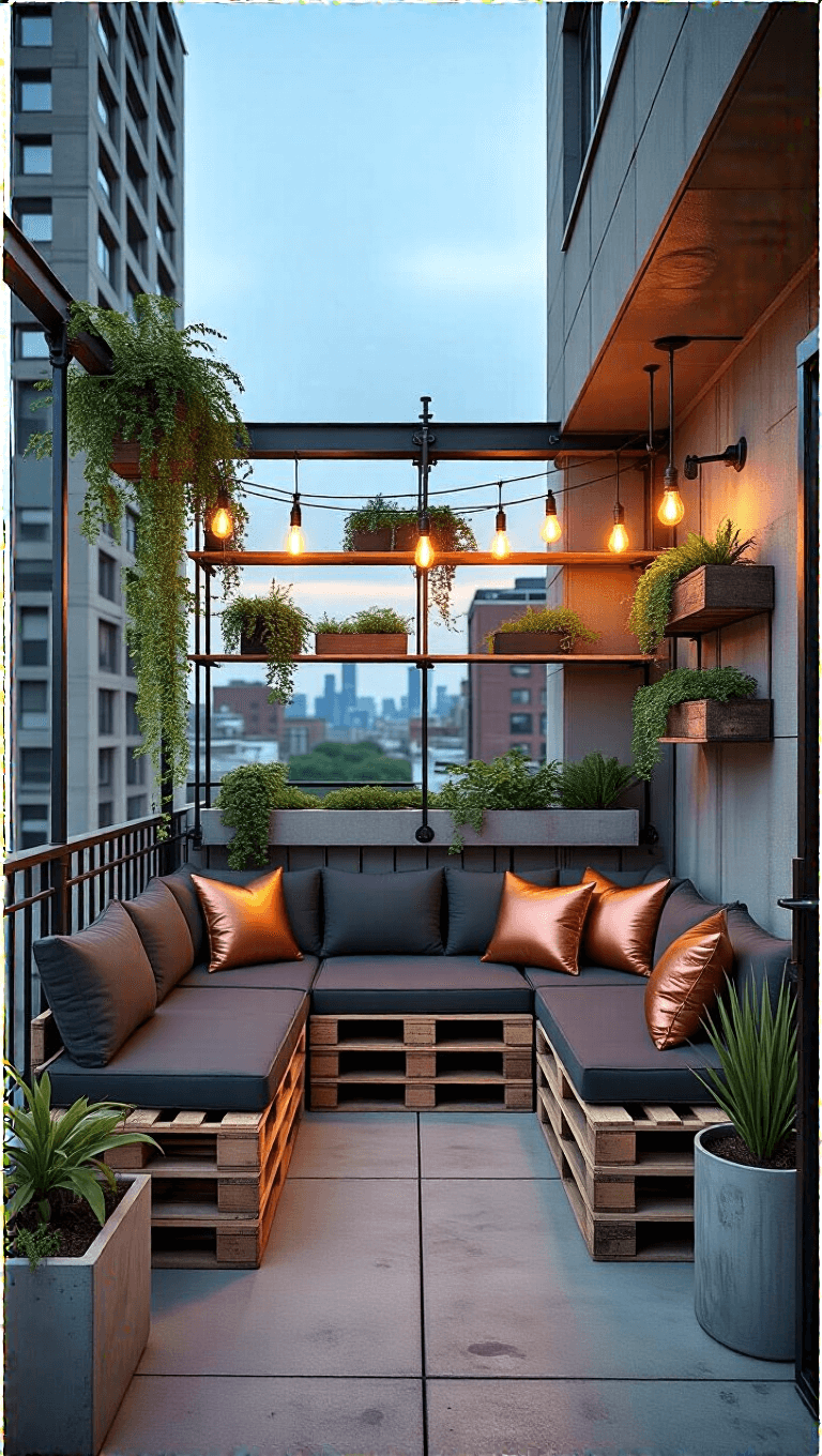 Elevated angle shot of an industrial chic balcony featuring a repurposed pallet sectional with charcoal and copper pillows, metal shelving with plants, Edison bulb lights, and concrete planters with a gray, copper, and deep green color palette.