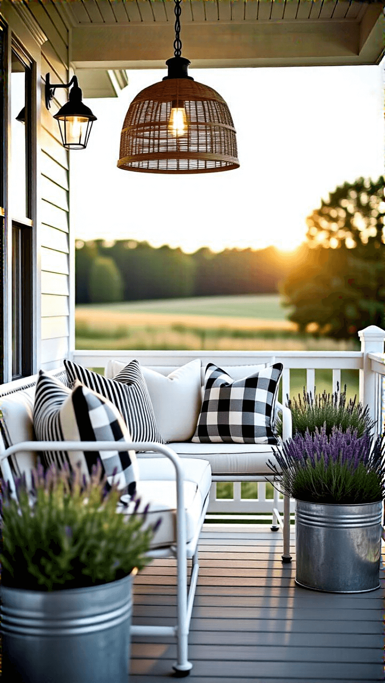 Modern farmhouse balcony with white glider, striped cushions, galvanized planters with lavender, buffalo check throw pillows, woven pendant light, and pastoral green accents during golden hour