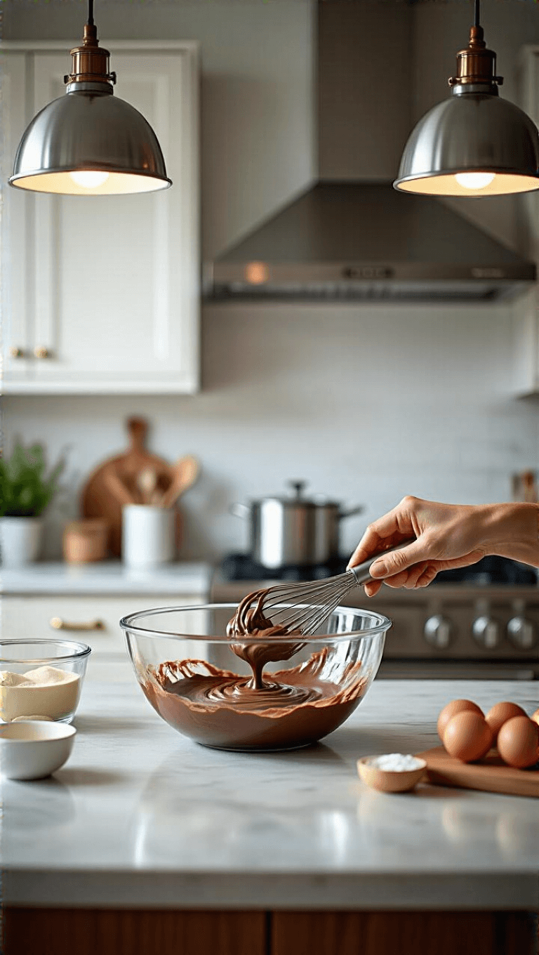 Mid-century modern kitchen scene with hands mixing chocolate batter in glass bowl, stainless steel appliances and ingredients in background, with focus on mixing action.