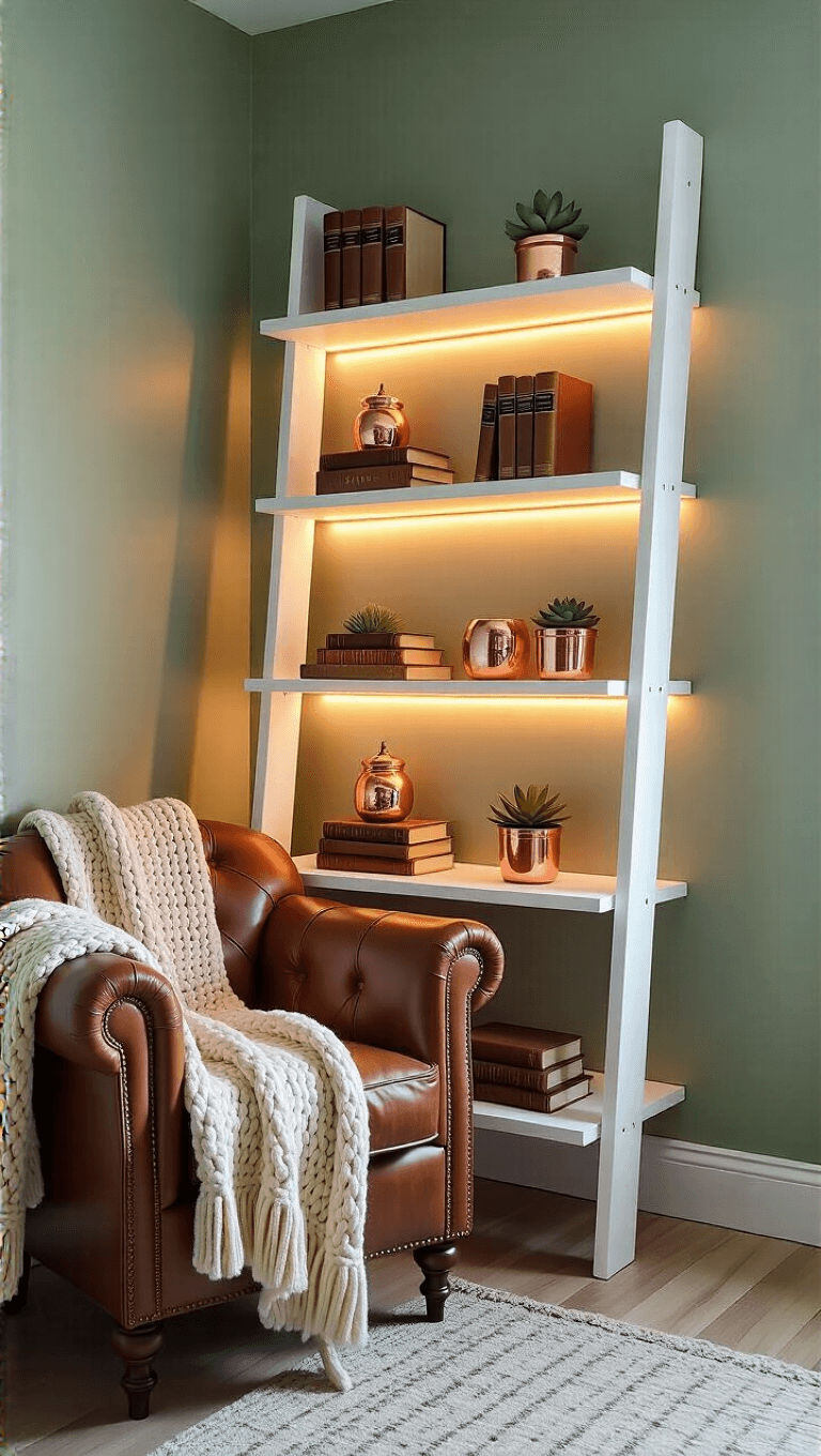 Cozy bedroom reading nook with white ladder bookshelf, sage green wall, warm LED lighting, vintage leather armchair, and potted succulents.