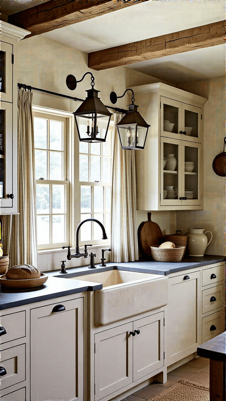 Rustic kitchen with milk-paint finish cabinets, limestone farm sink, soapstone counters, and bronze lanterns, adorned with vintage decor under rough wooden beams.