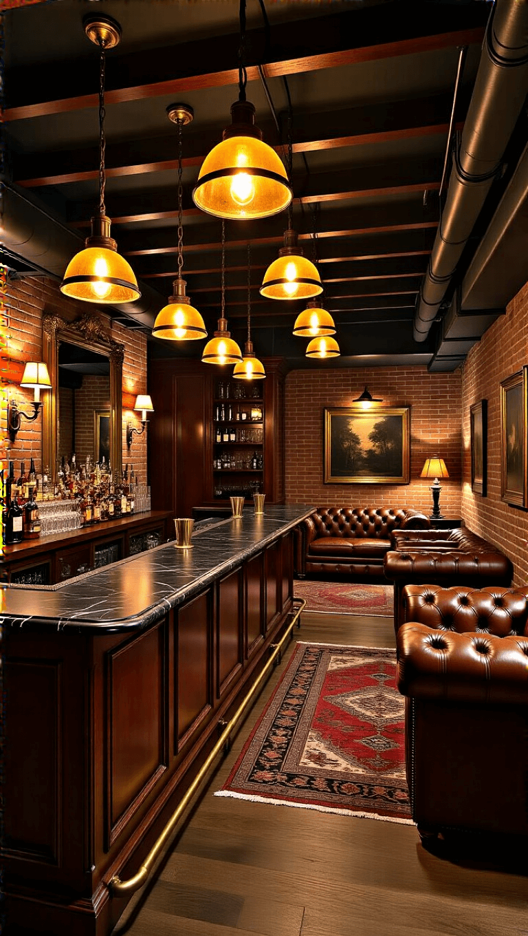 Vintage-style pendant lights casting amber glows on a 20x30ft speakeasy luxe basement bar with a rich mahogany bar topped with black marble, leather Chesterfield sofas, Persian rugs, antique mirrors and brass fixtures at dusk.