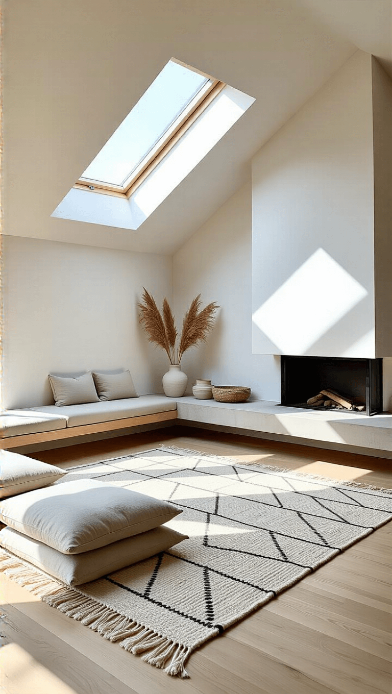 Scandinavian-designed living room with floating concrete hearth, low-profile seating, and natural light flooding through skylight.