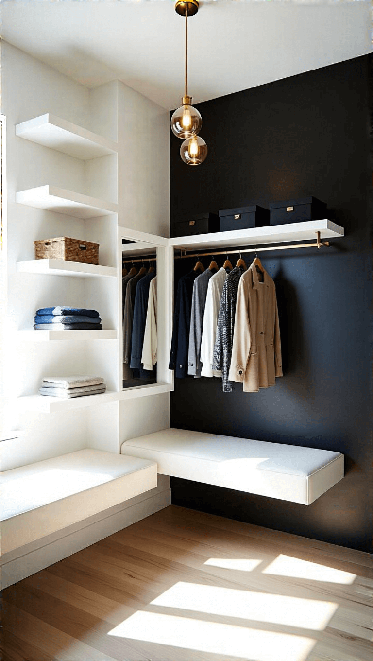 Bright and spacious 11x14ft contemporary closet with a contrasting black accent wall, floating white shelves, glass-front storage with color-coordinated clothes, centrally located floating bench under modernist brass pendant lights, photographed at a 45-degree angle in the morning light.