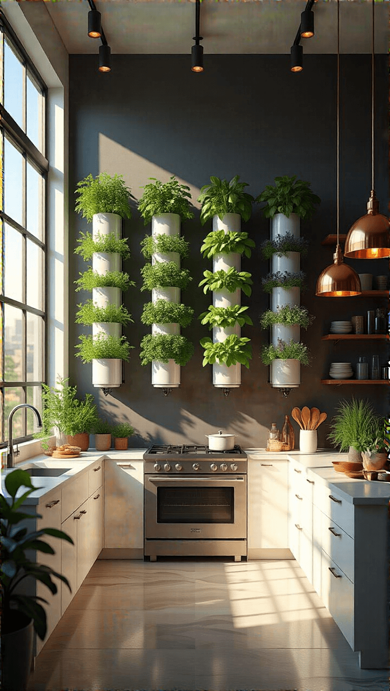 Sunlit modern loft kitchen showcasing hydroponic herb wall, stainless steel towers, white quartz countertops, and copper pendant lamps, with a professional range and white cabinetry in the background.