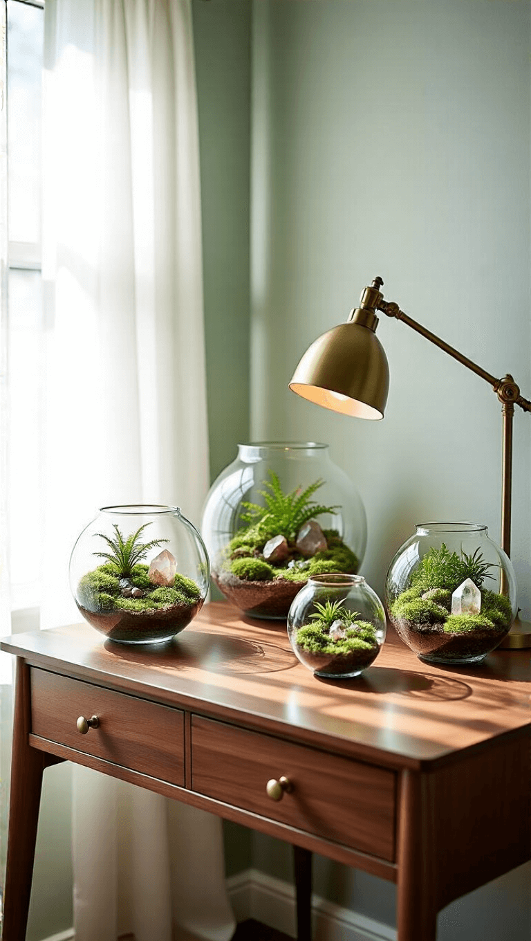 Sunlit home office corner with artfully arranged terrariums on a walnut desk, accentuated by pale sage green walls and warm lamp light