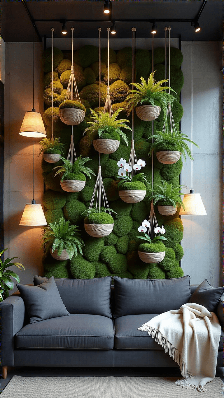 Dramatic kokedama string garden hanging from matte black ceiling grid in a serene living room with charcoal linen sofa, textured concrete walls and paper floor lamps providing moody lighting at dusk.