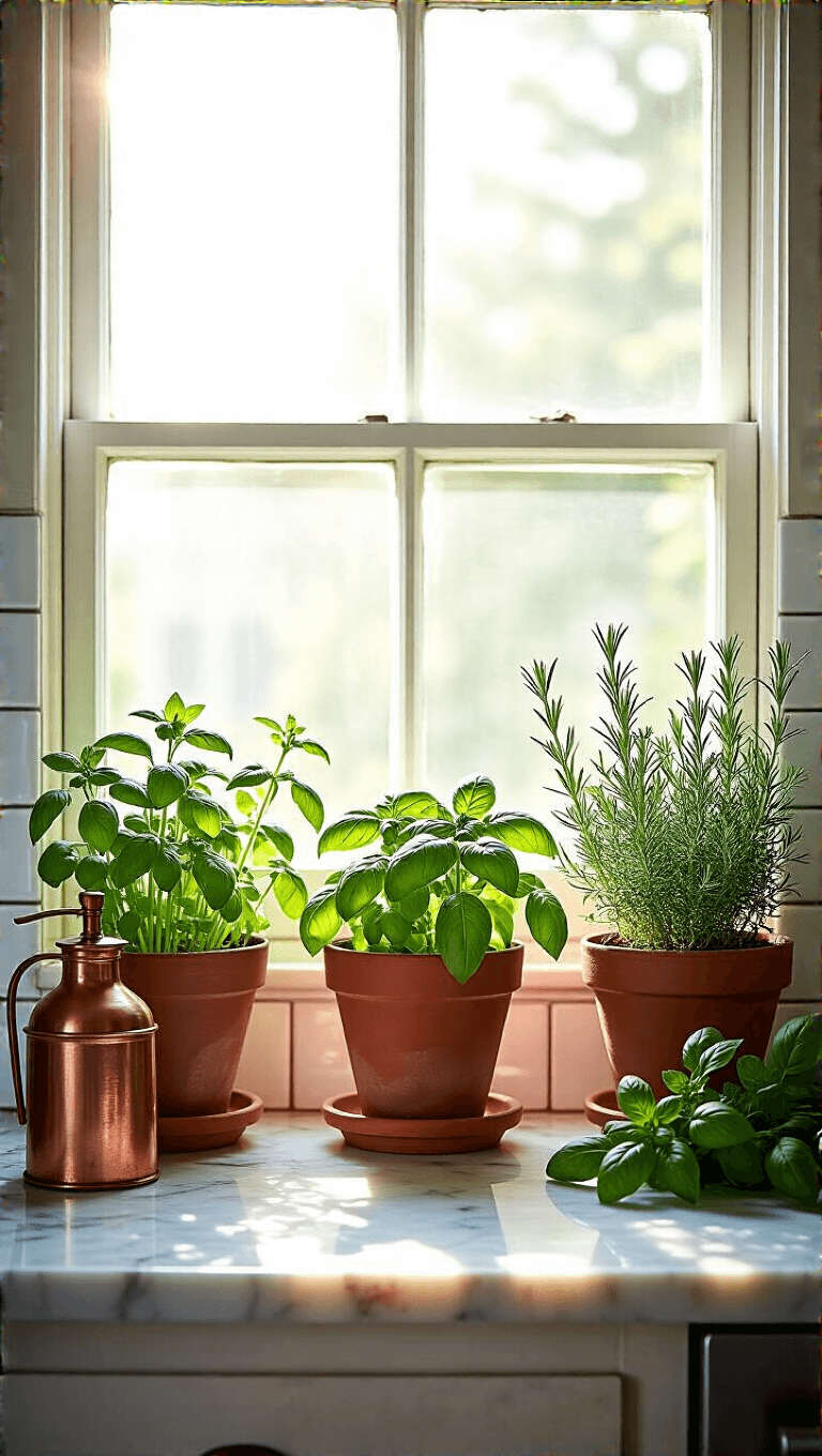 Culinary herb garden on kitchen windowsill with basil, oregano, and rosemary in terra cotta pots, backlit by mid-morning light through vintage windowpanes
