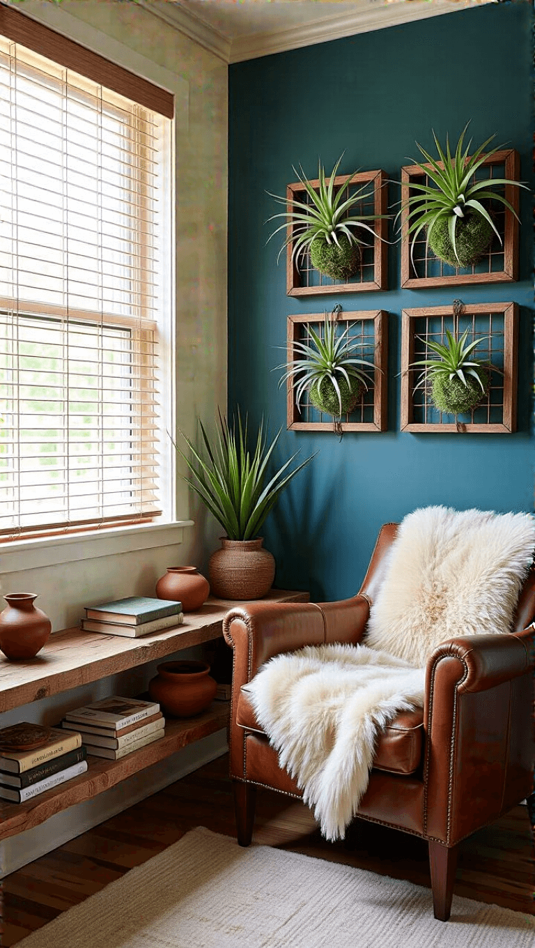 Cozy reading nook with air plant wall art, bamboo blinds, vintage picture frames, weathered leather chair with sheepskin throw, wood shelves filled with books and pottery, deep teal accent wall.