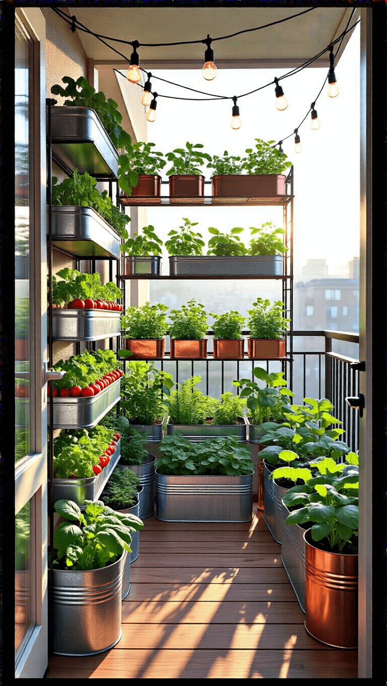 Early morning light illuminating a small apartment balcony transformed into a productive container garden filled with vegetables, dwarf fruit trees, and string lights.