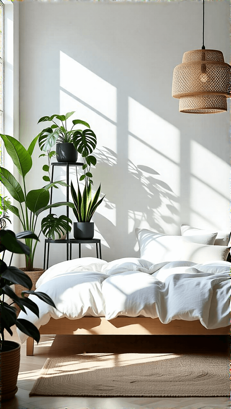 Minimalistic white bedroom with a corner of layered plants of various heights, a light wood platform bed with white linens, and a woven pendant light casting shadows on the wall.