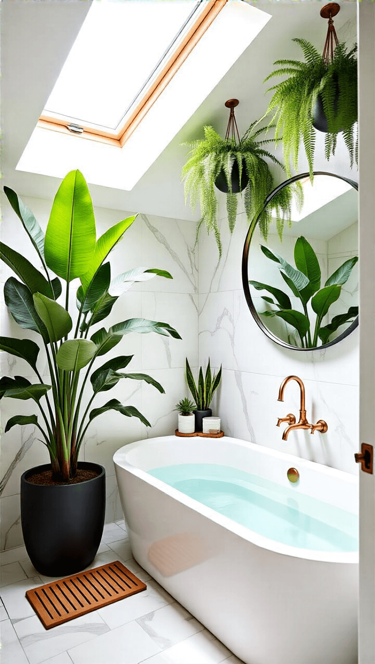 Modern, luxury bathroom transformed into tropical oasis with a large bird of paradise in matte black planter, hanging ferns, teak accessories, a white freestanding tub with copper fixtures, all brightly lit by a skylight and reflected in an oversized mirror.