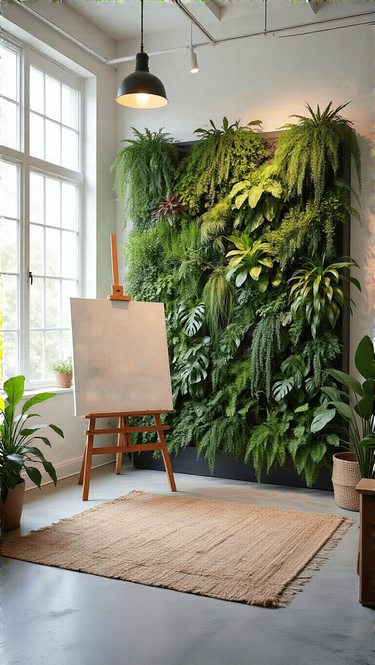 Artist's studio with industrial design, featuring a living wall of various plants and north-facing windows, a white easel on a natural fiber rug, and pendant lights providing an urban atmosphere.