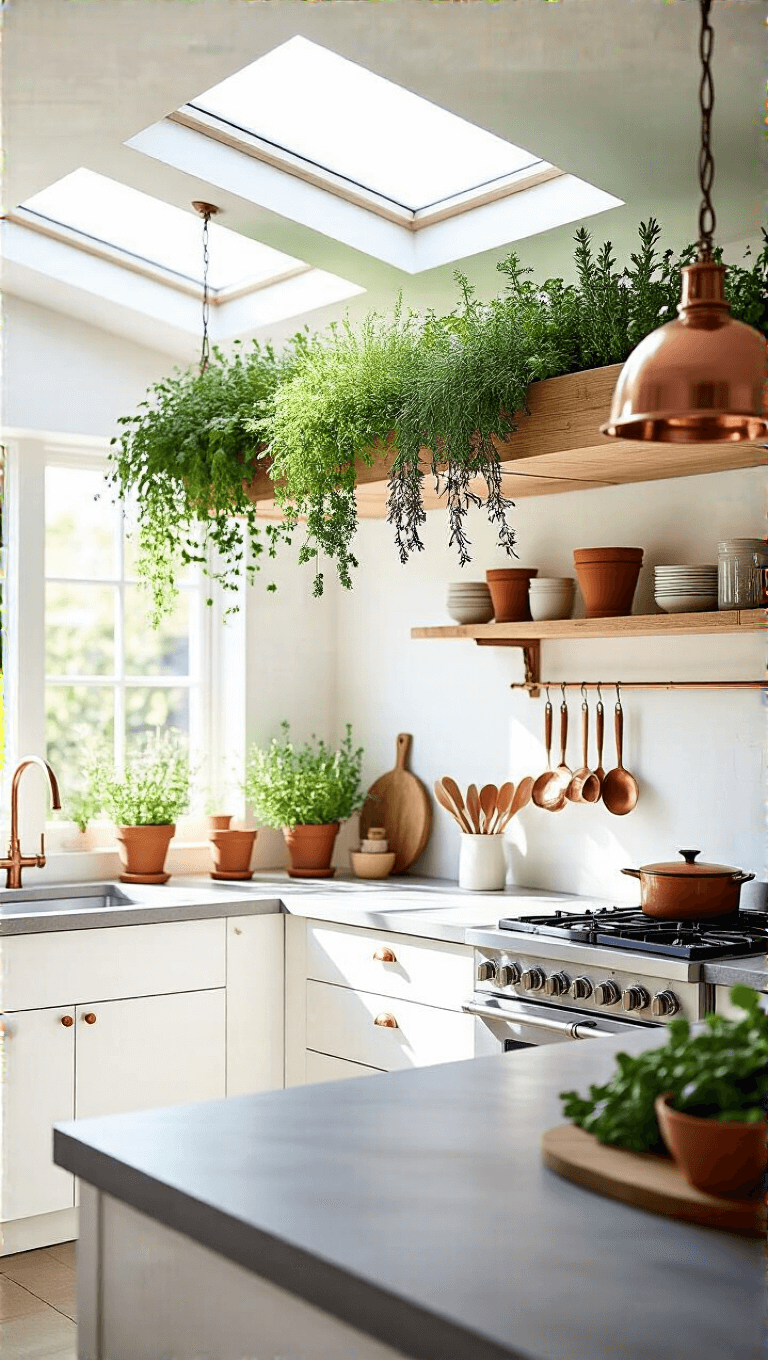 Scandinavian kitchen with skylight illuminating suspended herb garden above island, floating wooden shelves with terracotta pots of rosemary, thyme, and sage, in contrast to clean white cabinets, concrete countertops and warm copper accessories