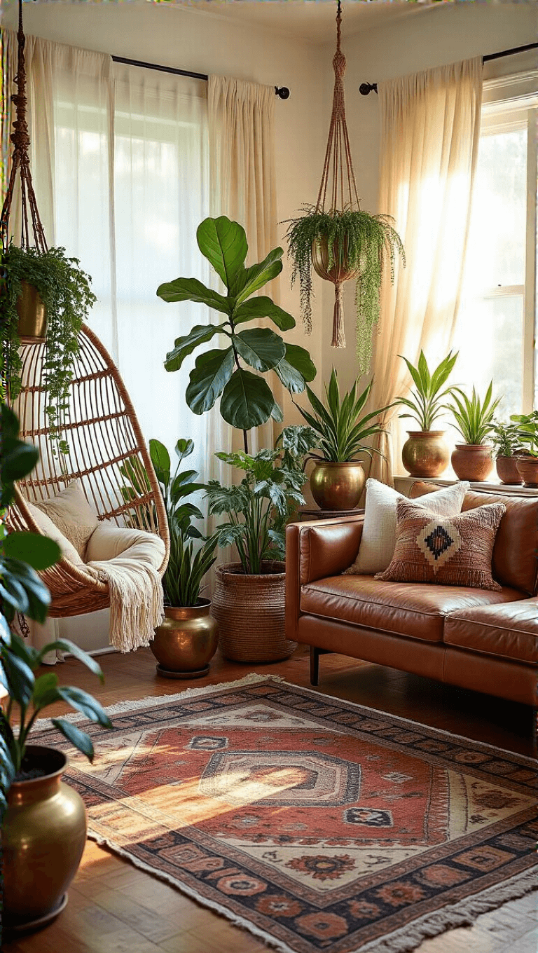 Bohemian style living room with eclectic plant collection in vintage containers, layered Persian rugs, and a low-slung leather sofa, bathed in warm golden hour light