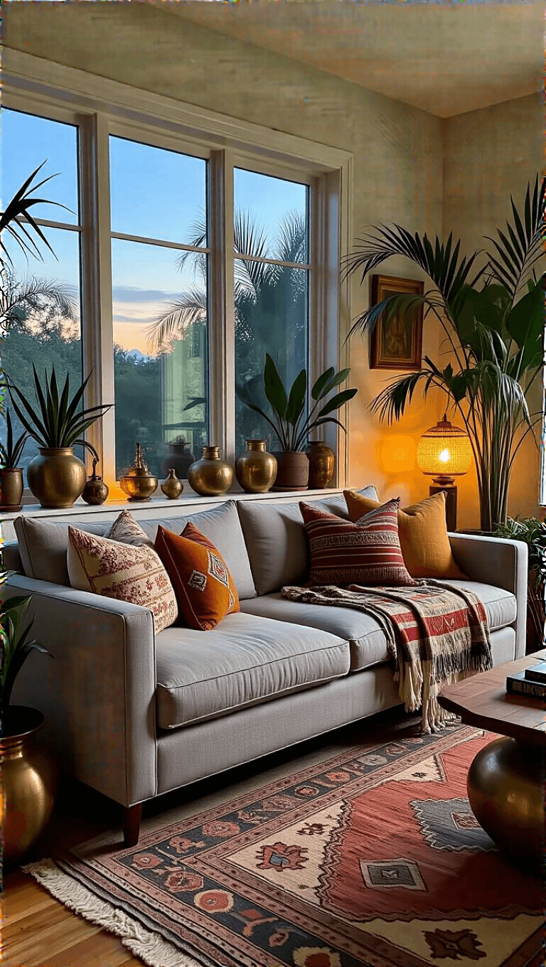 Stylish 15x17ft living room at dusk featuring a grey linen sofa decorated with global textiles, a vintage Persian rug, brass objects, potted palms, and warm ambient lighting.