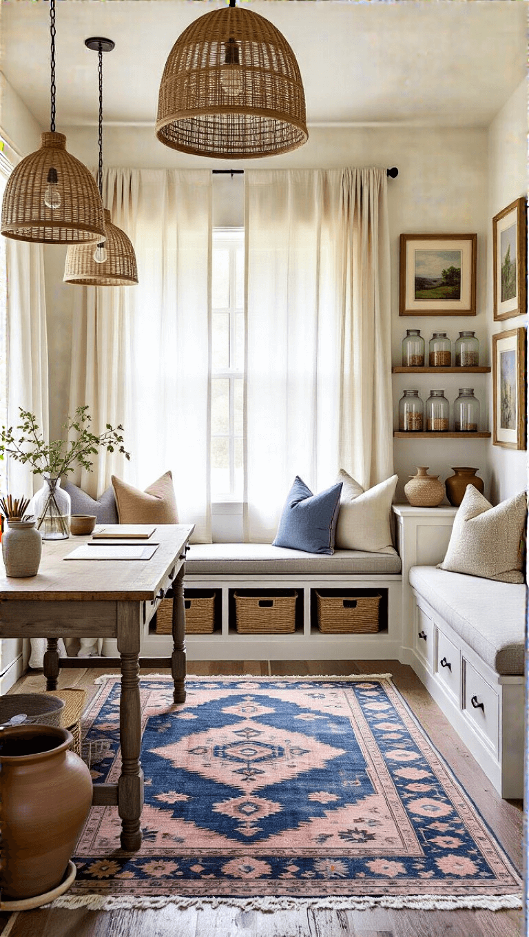 Elevated view of a cozy 18'x12' creative retreat with morning light through linen curtains, vintage Persian rug, rustic wooden table for crafting, art supplies on open shelving, upholstered window seat with storage drawers, gallery of framed artwork on walls, and mixed vintage and modern furniture.