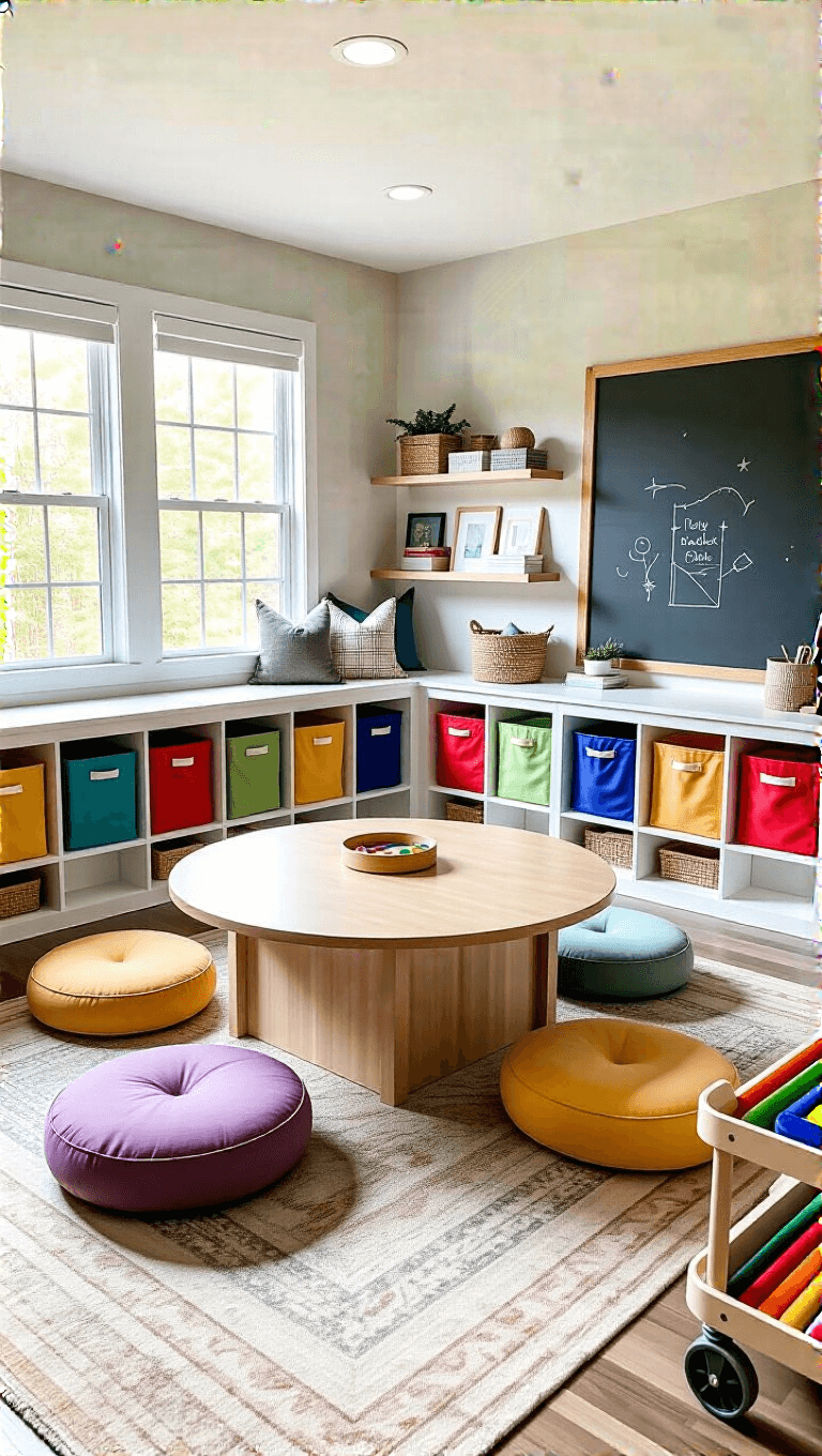 Kid-friendly playroom bathed in morning light showcasing built-in white storage cubbies with colorful bins, natural wood activity table, comfortable floor cushions, and a chalkboard wall. Extra storage provided by floating bookshelves and a rolling art cart. Room decorated in primary colors paired with neutral basics, designed using washable and durable materials.