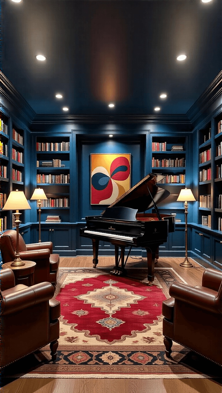 High-angle view of a grand 24'x18' music and library room featuring a baby grand piano, built-in navy bookshelves, leather reading nooks, and abstract art sound-absorbing panels with a color scheme of jewel tones and rich woods.