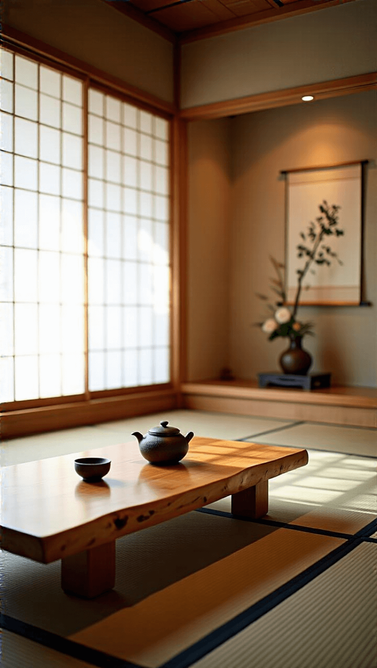 Traditional Japanese tea room with tatami flooring, low cedar wood table, handmade ceramic tea set, shoji screens, and ikebana arrangement illuminated by diffused afternoon light.