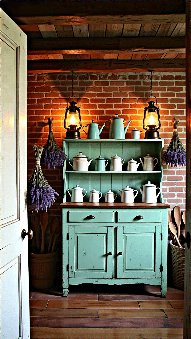 Rustic cottage kitchen at twilight with vintage enamel coffee pots, distressed mint green hutch, wooden utensils, and dried lavender bundles hanging from the ceiling.