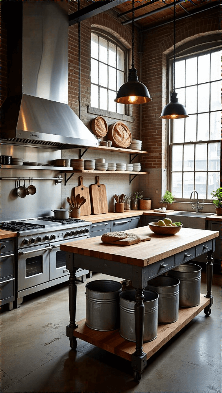 Elevated view of a 16x20ft professional-grade kitchen with vintage elements, industrial features, stainless steel appliances, antique butcher block islands, vintage bread boards and cutting boards on wall, utensils in weathered zinc containers, and original factory windows for natural light.
