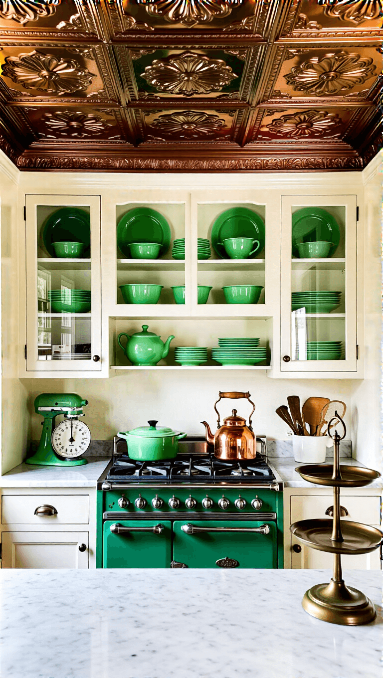Victorian-era kitchen in morning light featuring jadeite dishes in glass cabinets, a 1920s gas range with copper tea kettle, and vintage kitchen scales on marble counters.