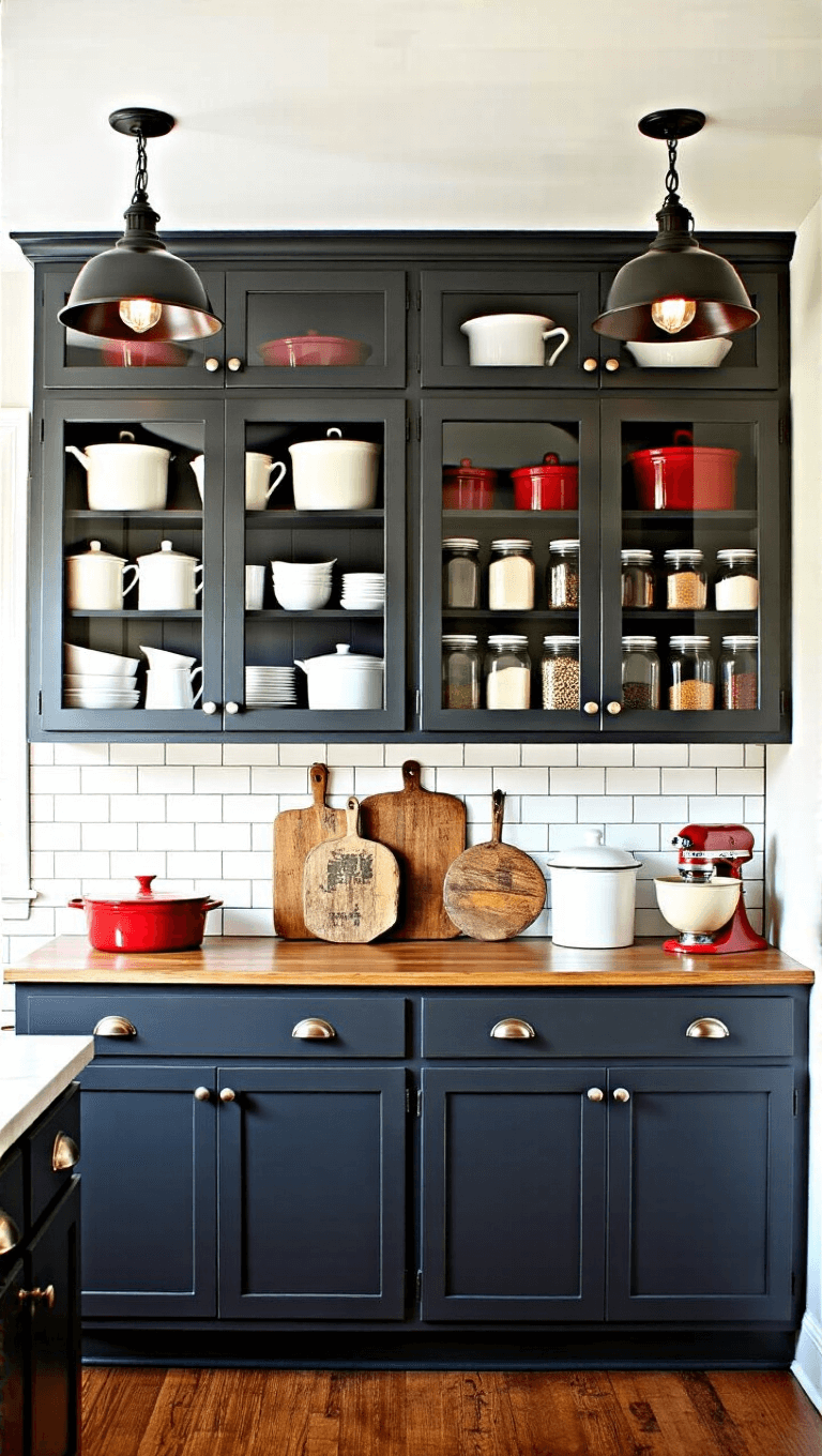 Modern country kitchen featuring charcoal cabinets, vintage enamelware, industrial pendant lights, restored pharmacy cabinet with spice collection, and antique French cutting boards with dramatic side lighting.