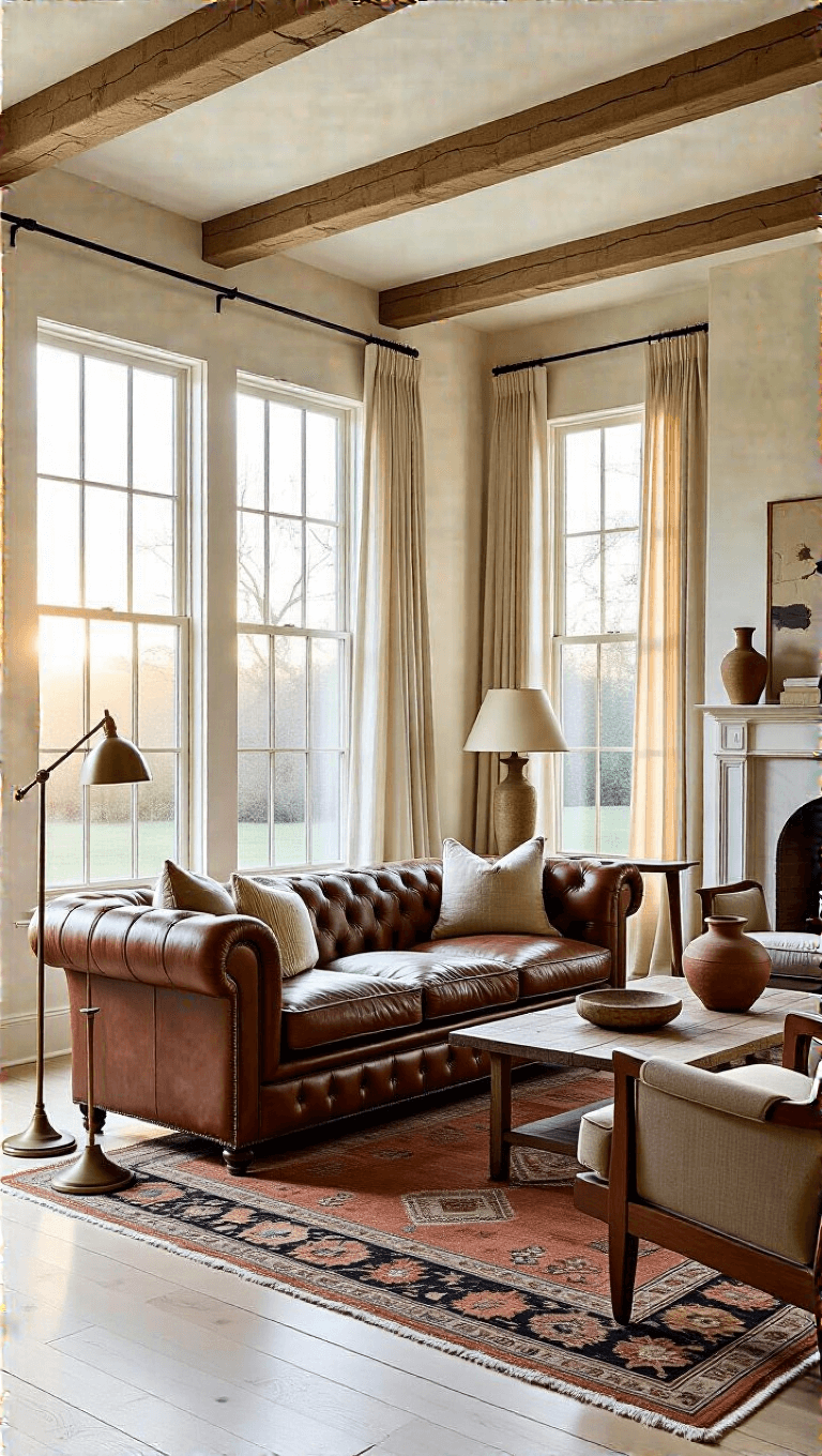 Sunlit open-concept living room with exposed wooden beams, whitewashed oak floors, antique furniture, and soft color palette at golden hour.