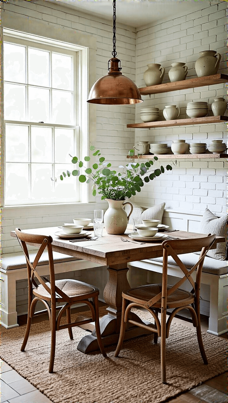 Intimate breakfast nook with white painted brick wall, reclaimed oak farmhouse table, vintage dining chairs, open shelving with ironstone pottery, and a pendant light with copper finish, accented by a jute rug and fresh eucalyptus in a ceramic pitcher.