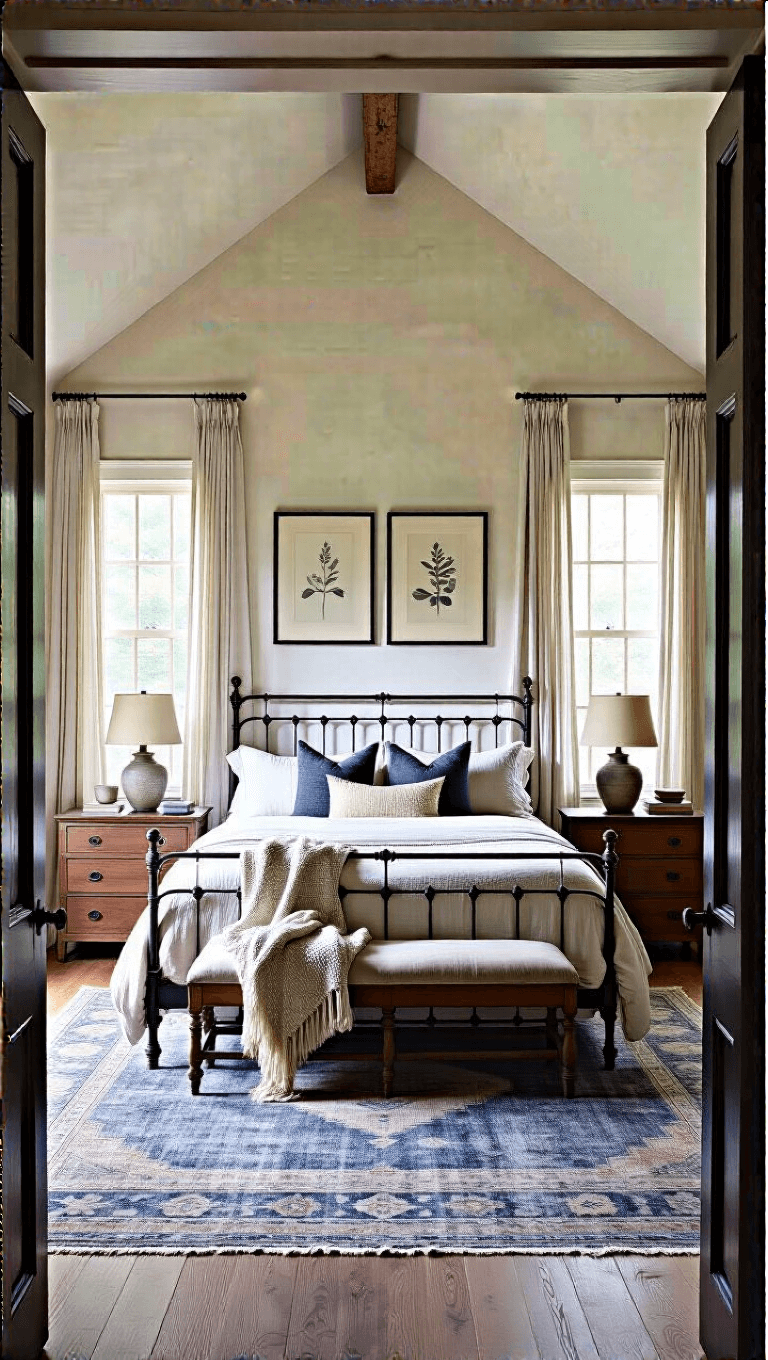 Sophisticated master bedroom with cathedral ceiling, antique iron bed framed by floor-to-ceiling windows with Belgian linen drapes, vintage indigo rug, mid-century walnut nightstands with ceramic lamps, and black-framed botanical prints above headboard, shot at dusk, highlighting the serene ambiance and depth of the room.