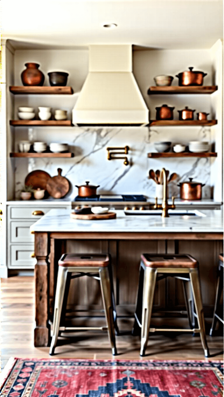 Spacious, rustic modern kitchen featuring greige shaker cabinets with brass hardware, reclaimed timber shelving holding vintage stoneware, marble backsplash, a carved wood island with industrial barstools, and hanging copper cookware. A vintage runner in red and blue accents the room.