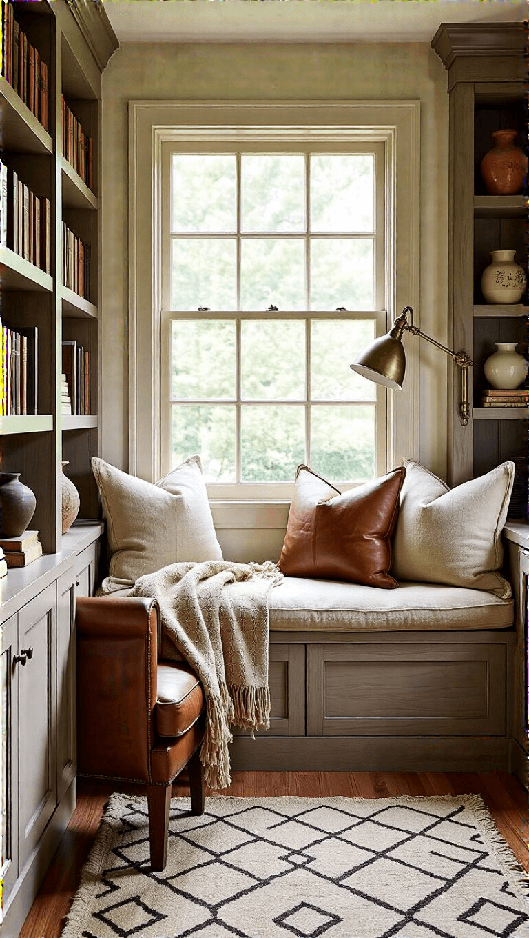 Vintage reading nook with sunlight streaming through a built-in window seat adorned with grain sack cushions, extensive weathered oak bookshelves, a mid-century leather reading chair, antique brass floor lamp, and floating shelves displaying art books and ceramic objects in a color scheme of warm oak, cognac leather, cream, and black accents.