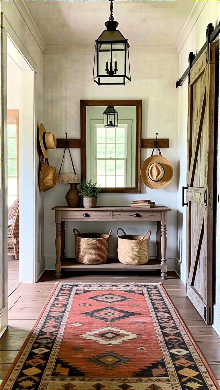 Vintage farmhouse entry foyer illuminated by morning light, featuring a reclaimed barn door, antique console table with an aged mirror, industrial coat hooks with straw hats and woven bags, antique Turkish runner, and a metal lantern-style pendant light.