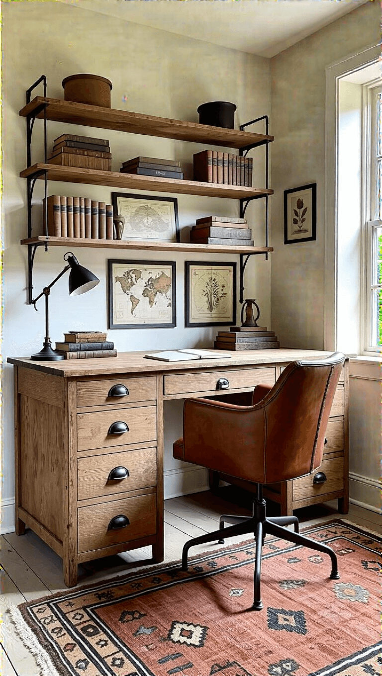 Vintage styled home office lit in diffused afternoon light, featuring a restored carpenter's desk, mid-century leather chair, and industrial shelving with antique collectibles, situated on a layered kilim and seagrass rug, surrounded by black-framed maps and botanical prints.