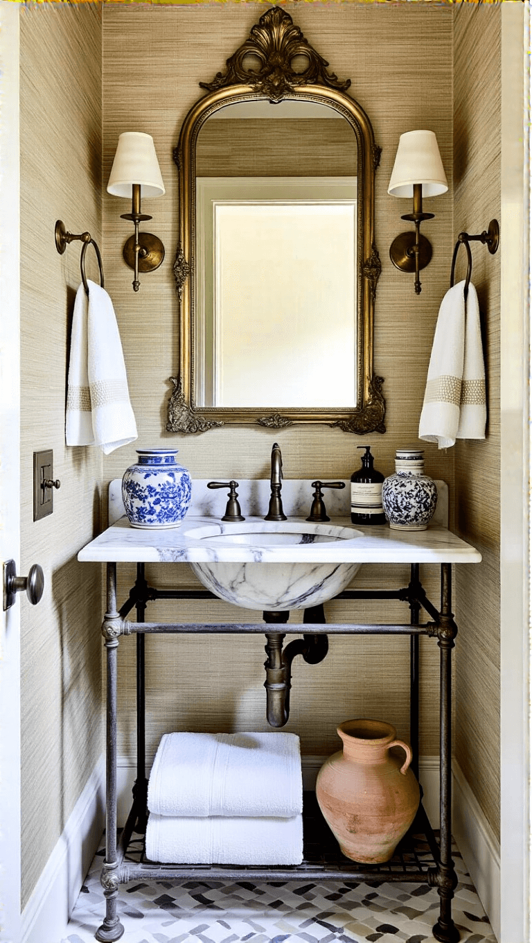 Elegant 6x8ft powder room with vintage touches featuring a salvaged marble sink on iron stand, antiqued brass mirror, wall-mounted fixtures, textured grasscloth wallpaper in warm greige, vintage Turkish towels on aged brass hooks, and collected ceramic vessels and apothecary bottles, in a color palette of marble white, aged brass, warm greige, and touches of black.