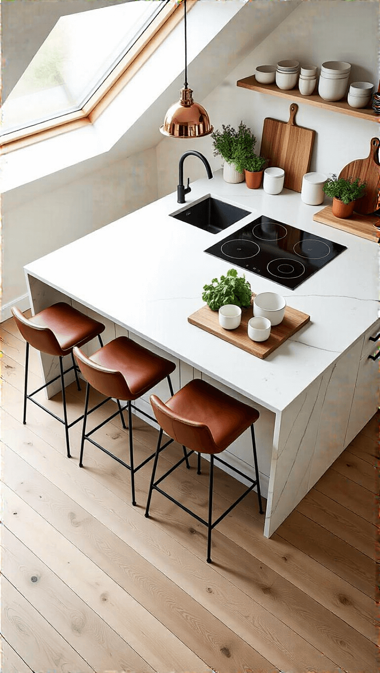 Bright Nordic kitchen with quartz-topped island, black barstools, white ceramics, and hanging copper cookware, illuminated by midday sunlight from skylight.