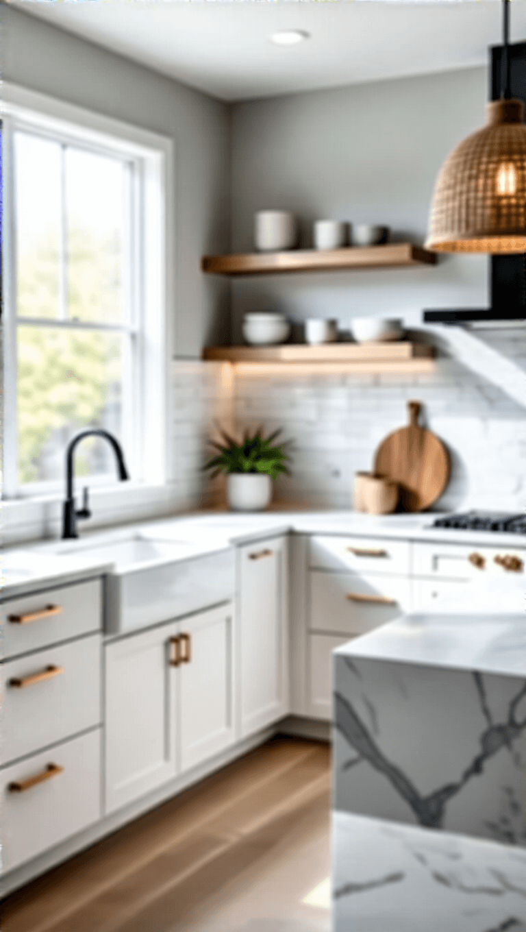 High angle view of a contemporary 80-square-foot kitchen with morning light streaming through a large window, highlighting white flat-front cabinets with brass hardware, a waterfall quartz island, integrated appliances, floating oak shelves with ceramics, and under-cabinet lighting.