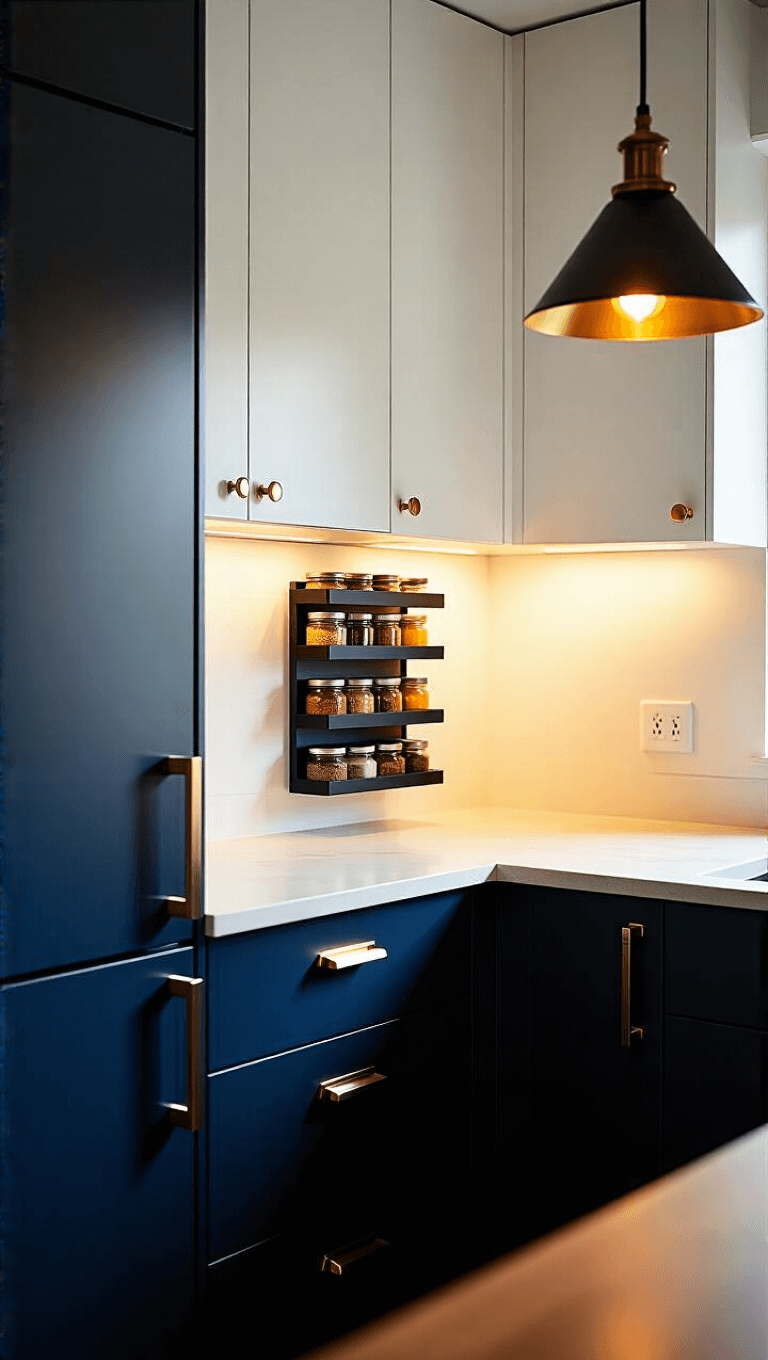 Modern small kitchen corner at golden hour, featuring a vertical magnetic spice rack, matte navy and white cabinets, hidden toe-kick drawer, and geometric pendant light.
