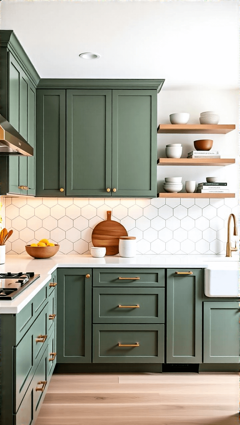 Mornings shot of a transform minimalist kitchen with sage green cabinets, gold hardware, white marble-look quartz countertops, geometric backsplash, integrated appliances, under-cabinet lighting, and open shelf displaying ceramics and cookbooks.